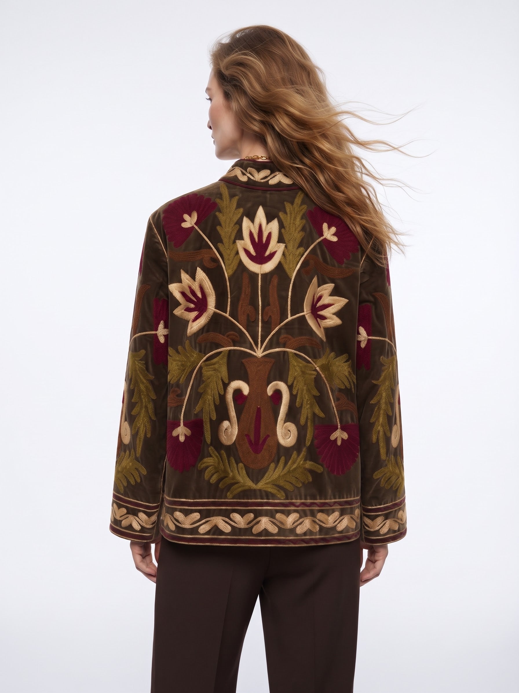 Velvet Embroidered Folk Floral Reversible Jacket with Pockets - Burgundy