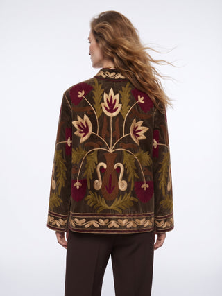 Velvet Embroidered Folk Floral Reversible Jacket with Pockets - Burgundy