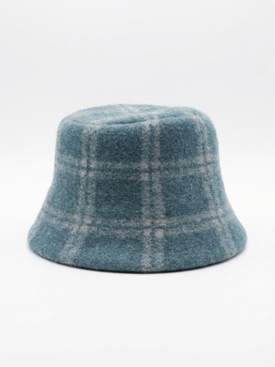 Wool Plaid Bucket Hat -Muted Teal-Blue