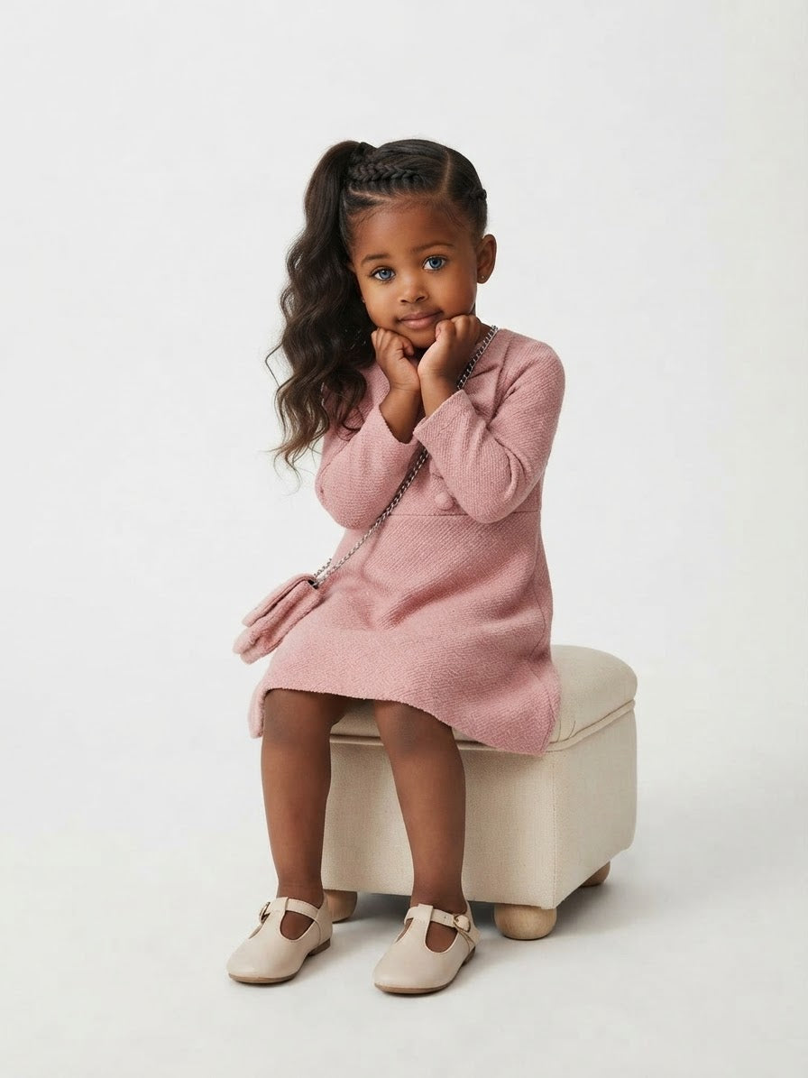 Italian Tweed Knit Dress Set with Matching Bag- Pink