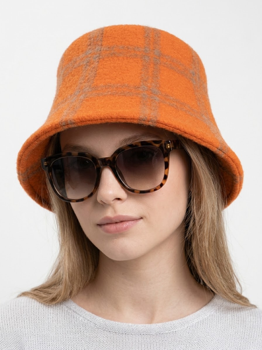 Wool Plaid Bucket Hat- Pumpkin