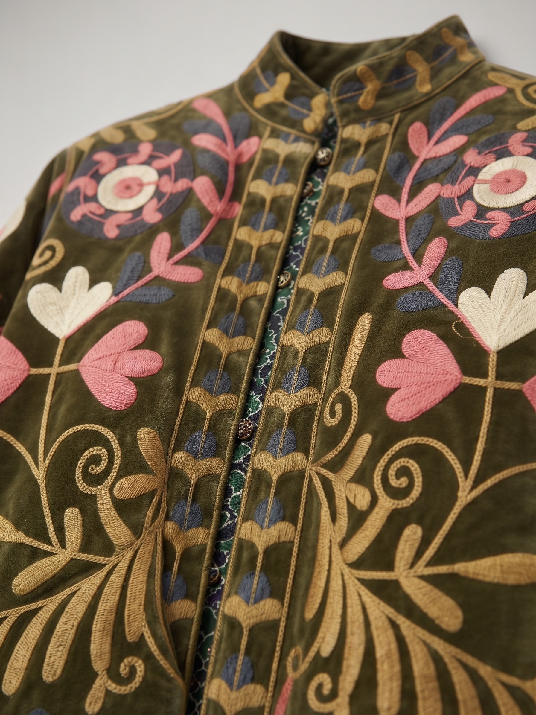 Velvet Embroidered Folk Floral Reversible Jacket with Pockets - Olive& pink