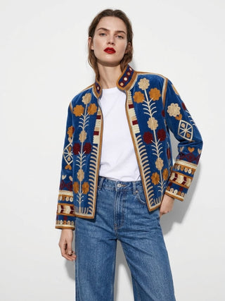 Velvet Embroidered Folk Floral Reversible Jacket with Pockets - Royal Blue
