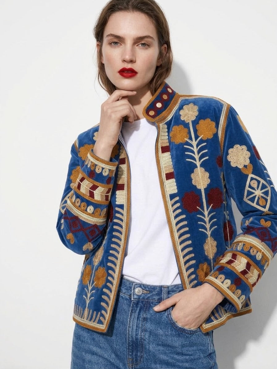Velvet Embroidered Folk Floral Reversible Jacket with Pockets - Royal Blue