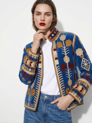 Velvet Embroidered Folk Floral Reversible Jacket with Pockets - Royal Blue