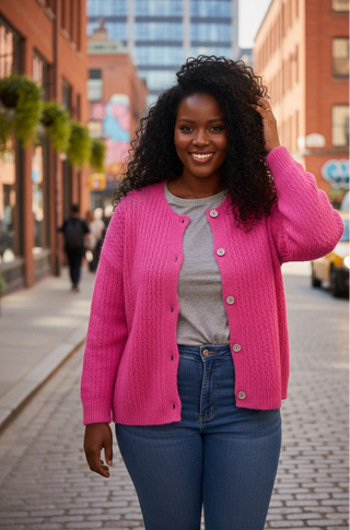 The Cozy Knit V-Neck Hot Pink Cardigan