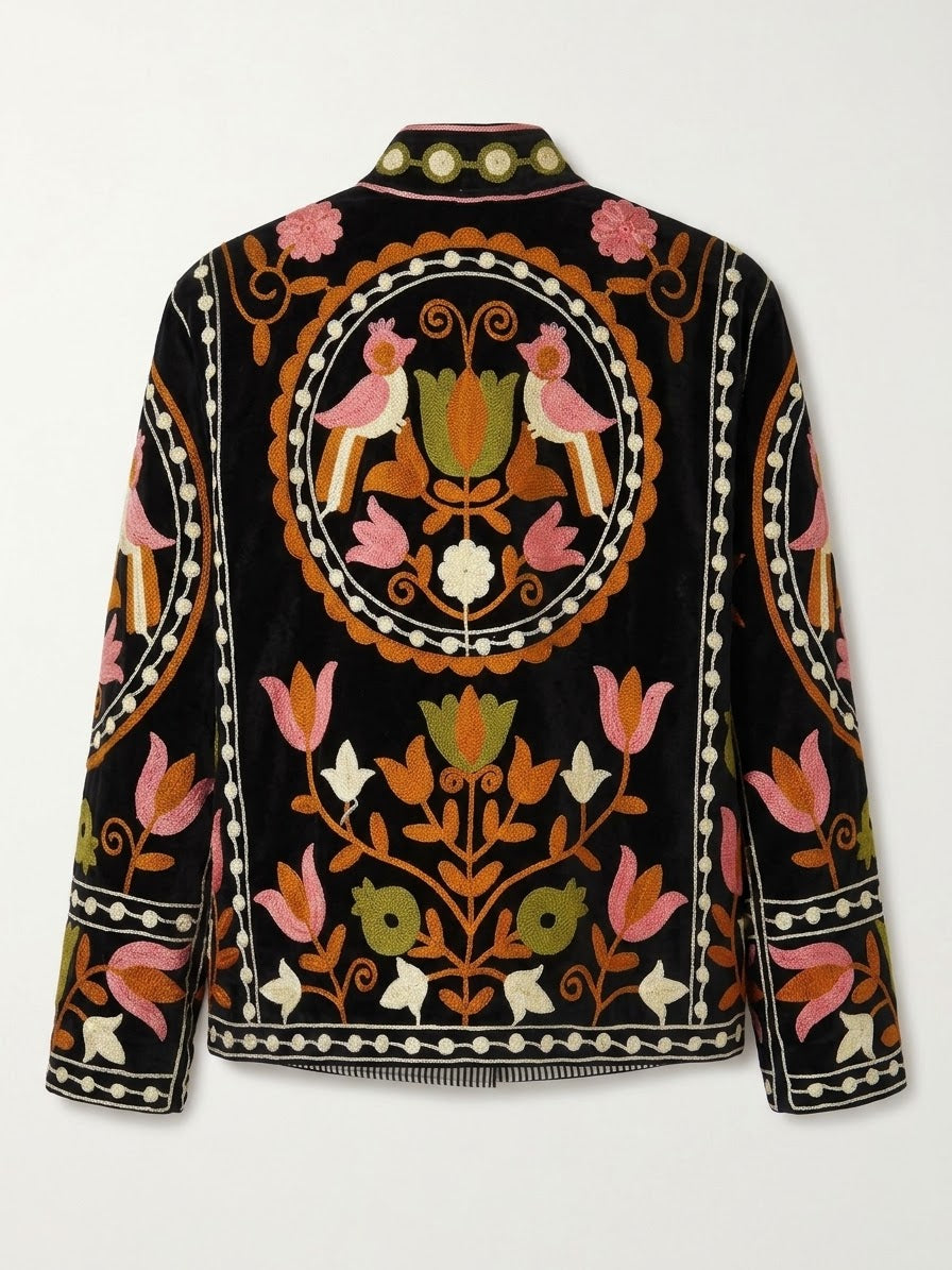 Velvet Embroidered Bird & Floral Reversible Jacket with Pockets - Black