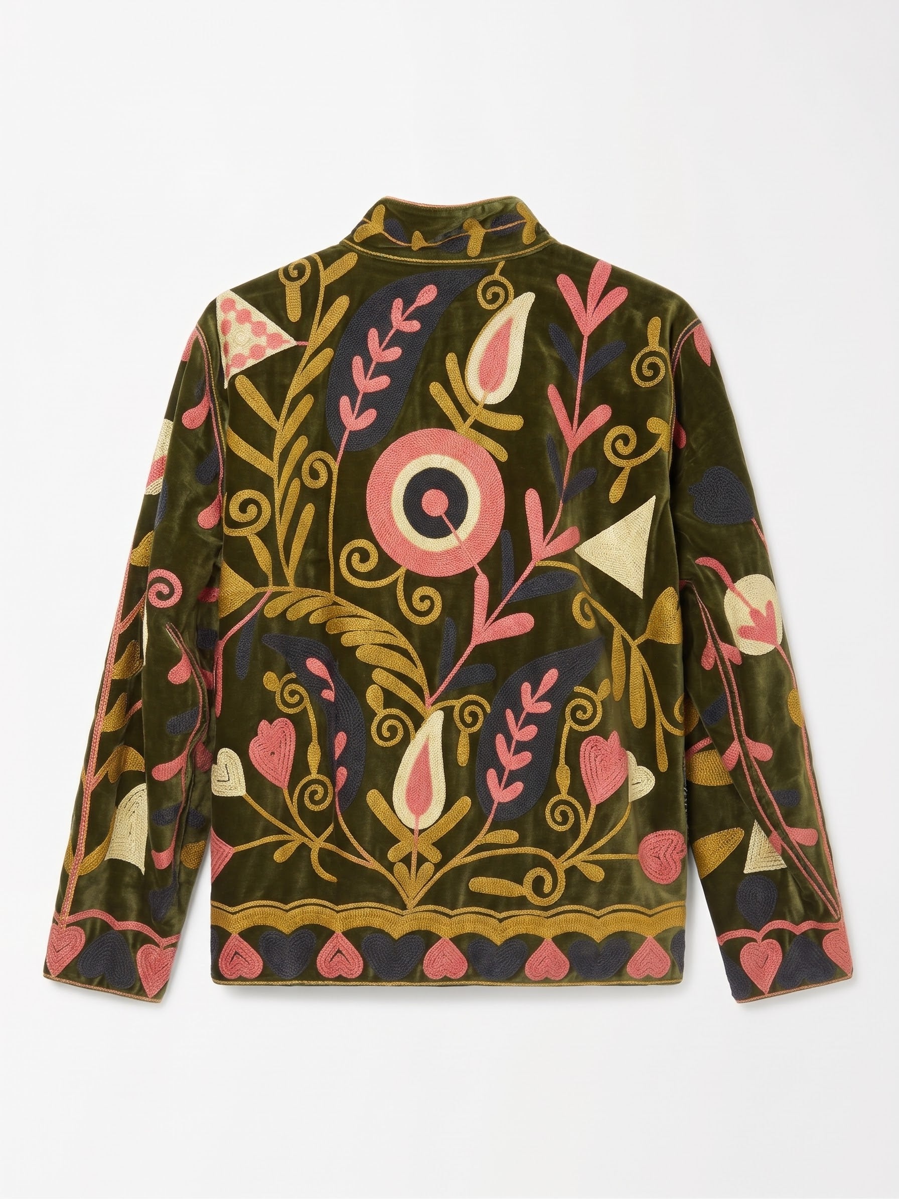 Velvet Embroidered Folk Floral Reversible Jacket with Pockets - Olive& pink