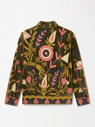 Velvet Embroidered Folk Floral Reversible Jacket with Pockets - Olive& pink
