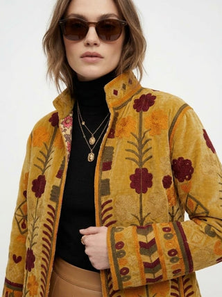 Velvet Embroidered Folk Floral Reversible Jacket with Pockets- Mustard