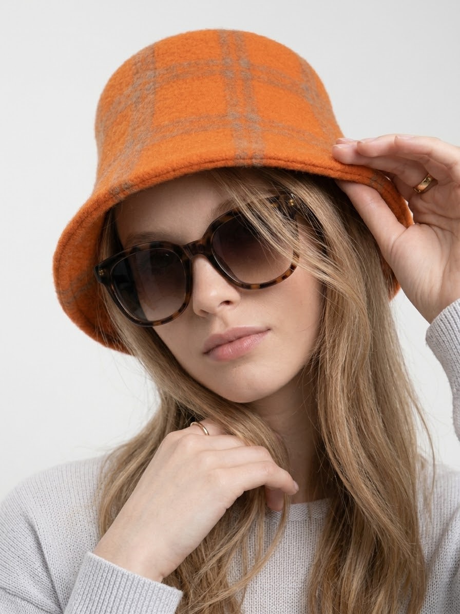 Wool Plaid Bucket Hat- Pumpkin