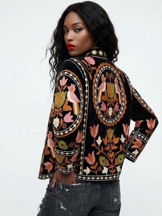 Velvet Embroidered Bird & Floral Reversible Jacket with Pockets - Black