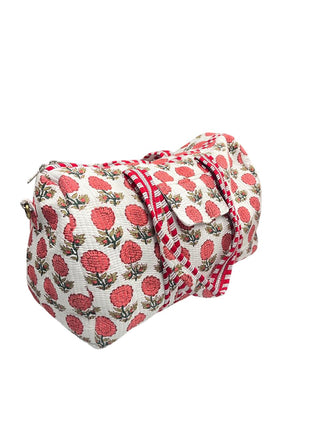 Red Floral Pattern Cotton Quilted Duffle Bag