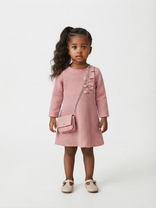 Italian Tweed Knit Dress Set with Matching Bag- Pink