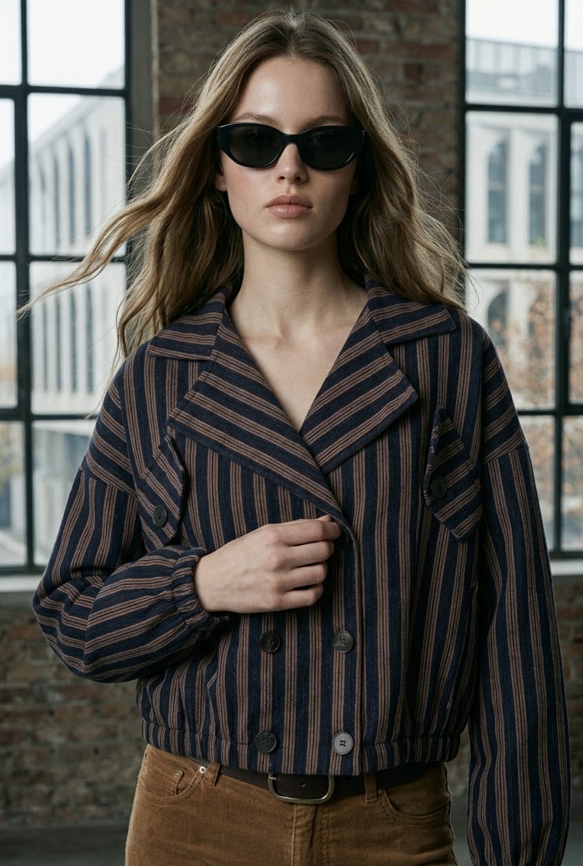 Double-Breasted Pinstripe Crop Jacket - Navy/Brown