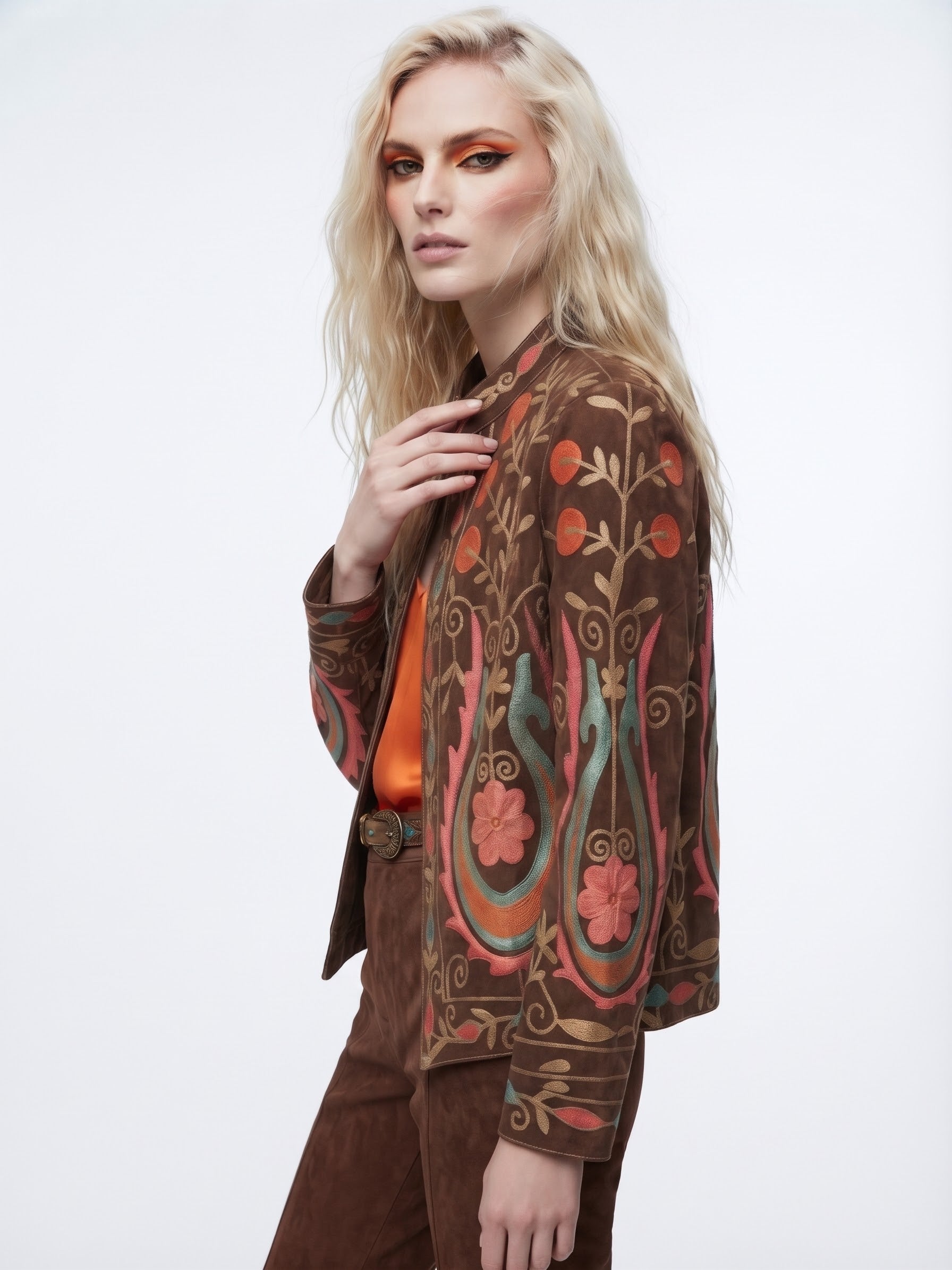 Velvet Embroidered Folk Floral Reversible Jacket with Pockets- Burnt Orange