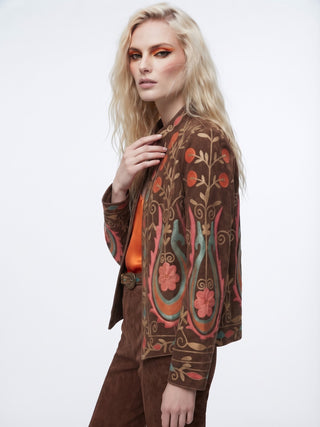 Velvet Embroidered Folk Floral Reversible Jacket with Pockets- Burnt Orange