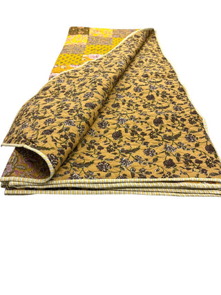 Vintage Floral Print & Bold Mustard Patchwork: Reversible Cotton Queen Size Quilt