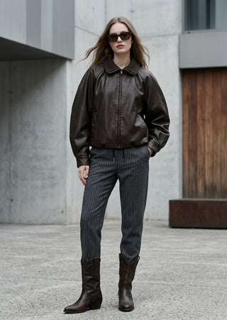 The Italian Pinstripe Drawstring Pull-On Pant- Grey