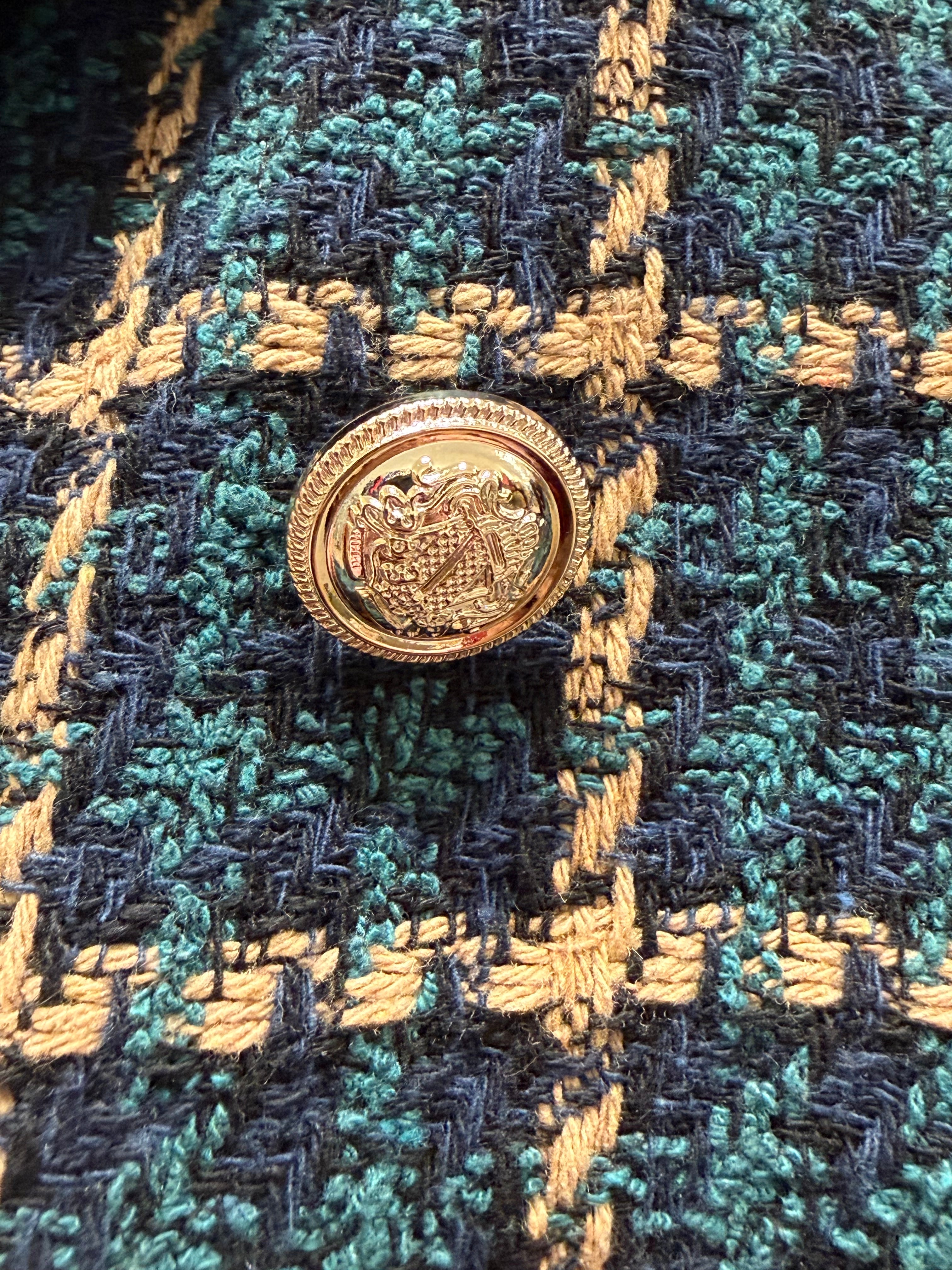 The "Milano" Textured Tweed Double-Breasted Blazer- Teal