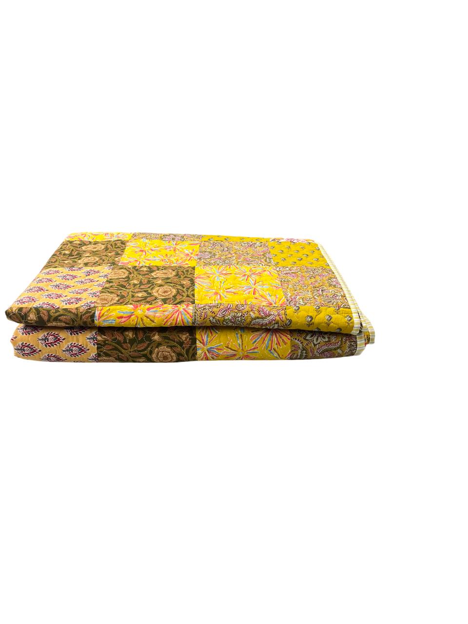 Vintage Floral Print & Bold Mustard Patchwork: Reversible Cotton Queen Size Quilt