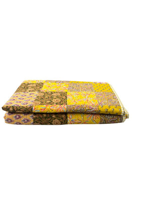 Vintage Floral Print & Bold Mustard Patchwork: Reversible Cotton Queen Size Quilt