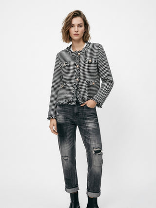 Vintage-Inspired Houndstooth Tweed Lady Jacket