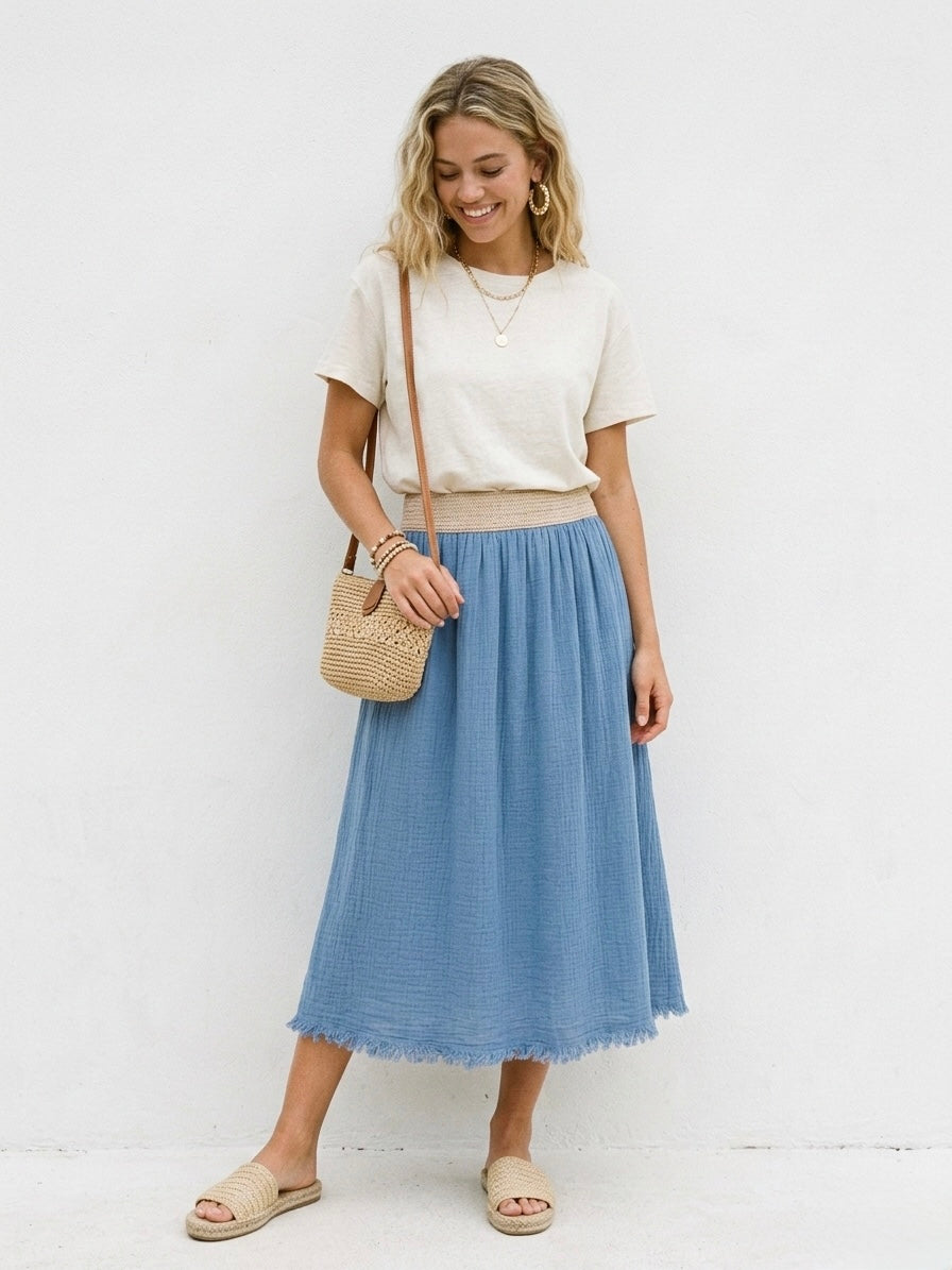 Azure Breeze Linen-Blend Midi Skirt