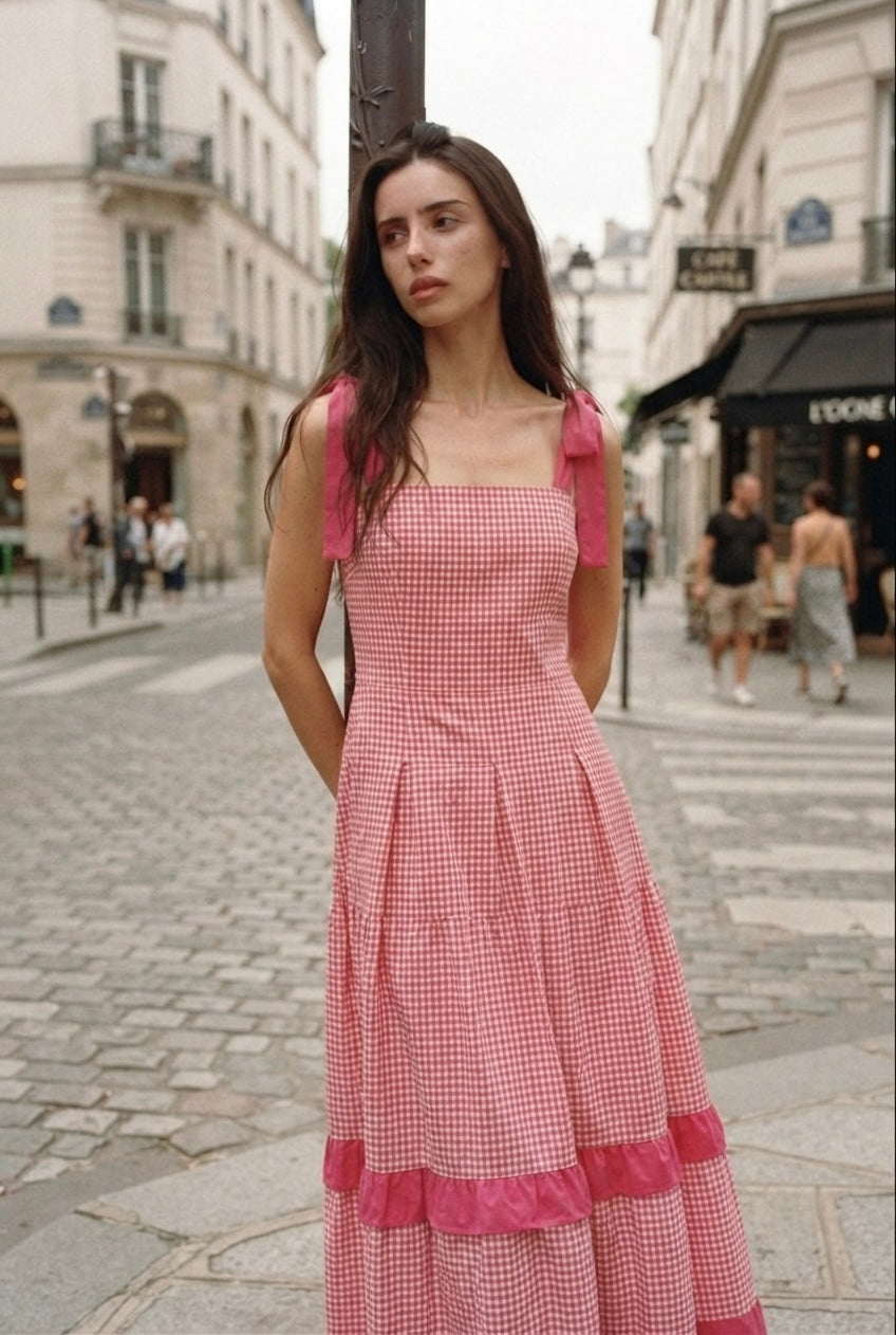 Blossom Gingham Tie-Strap Midi Dress