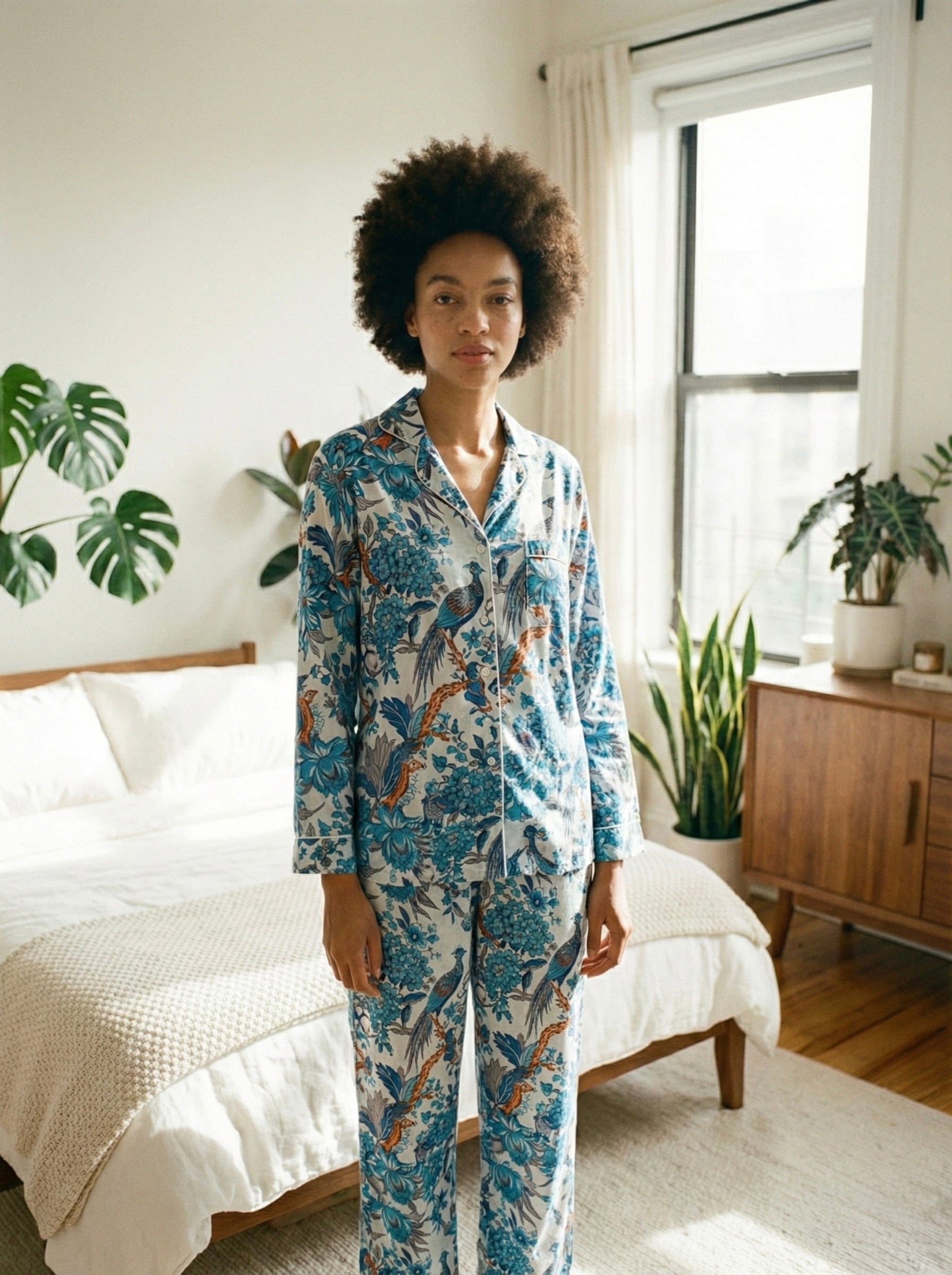The Azure Peacock & Botanical Cotton Pajama Set