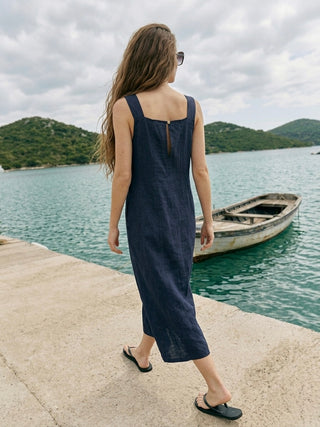 ITALIAN LINEN LONG DRESS- NAVY