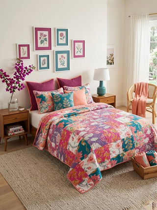 Bohemian Meadow & Fuchsia Scroll Cotton Reversible Queen Sized Quilt