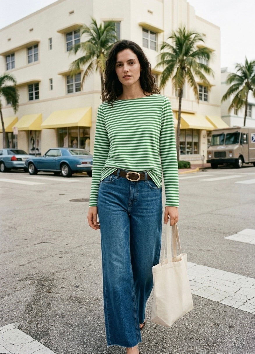 Striped Boatneck Long Sleeve Slim Fit - Green
