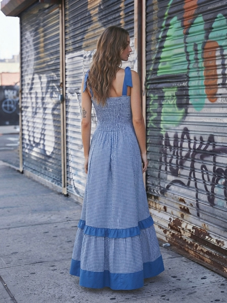 Royal Blue Gingham Tie-Strap Midi Dress