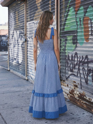 Royal Blue Gingham Tie-Strap Midi Dress