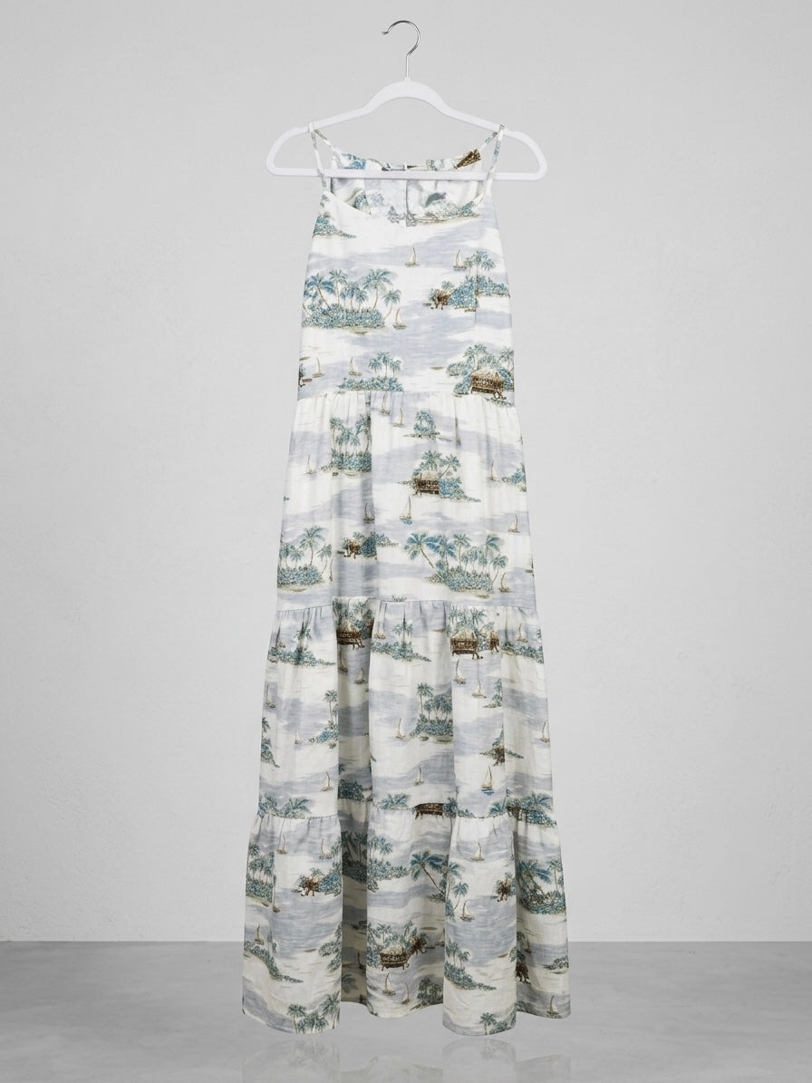 Isla Toile Open-Back Maxi in Driftwood Blue