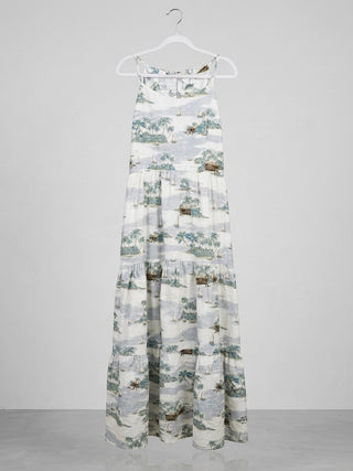 Isla Toile Open-Back Maxi in Driftwood Blue
