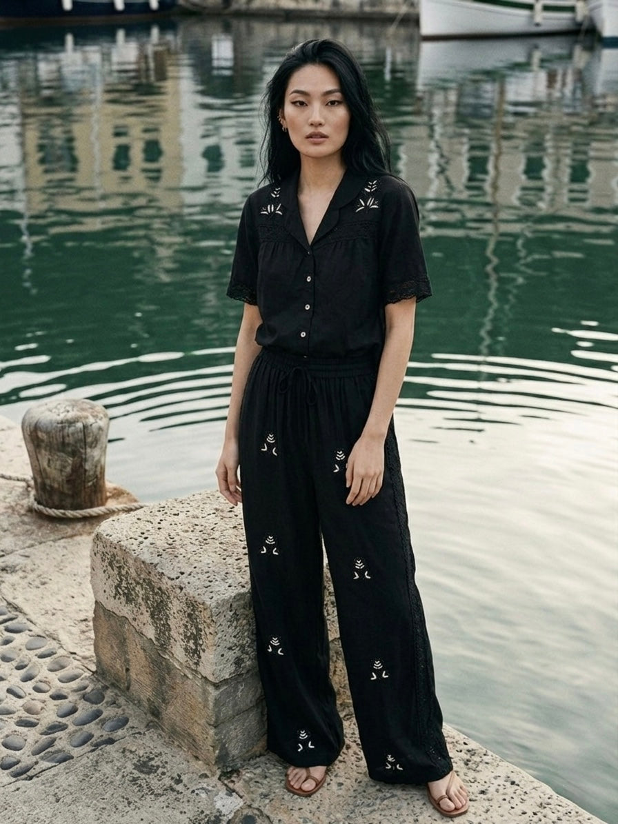 Midnight Floral White Embroidery Wide-Leg Pants