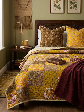 Vintage Floral Print & Bold Mustard Patchwork: Reversible Cotton Queen Size Quilt