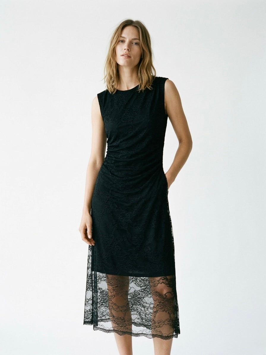 Italian Lace Overlay Ruched Midi Dress Black
