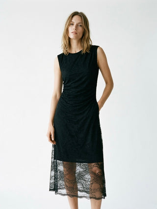 Italian Lace Overlay Ruched Midi Dress Black