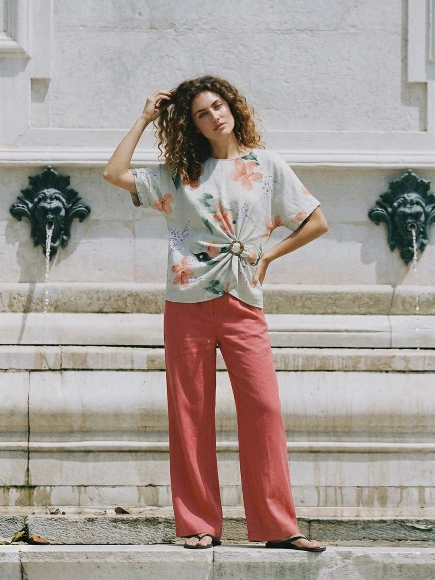 PRINTED LINEN BLOUSE WITH BUCKLE DETAIL- OATMEAL
