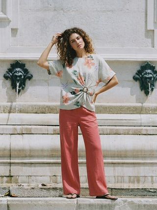 PRINTED LINEN BLOUSE WITH BUCKLE DETAIL- OATMEAL