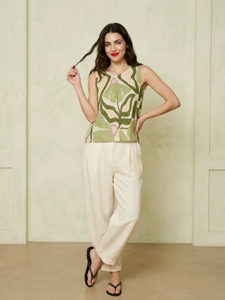 PRINTED ITALIAN LINEN TOP- MOSS GREEN FLORAL