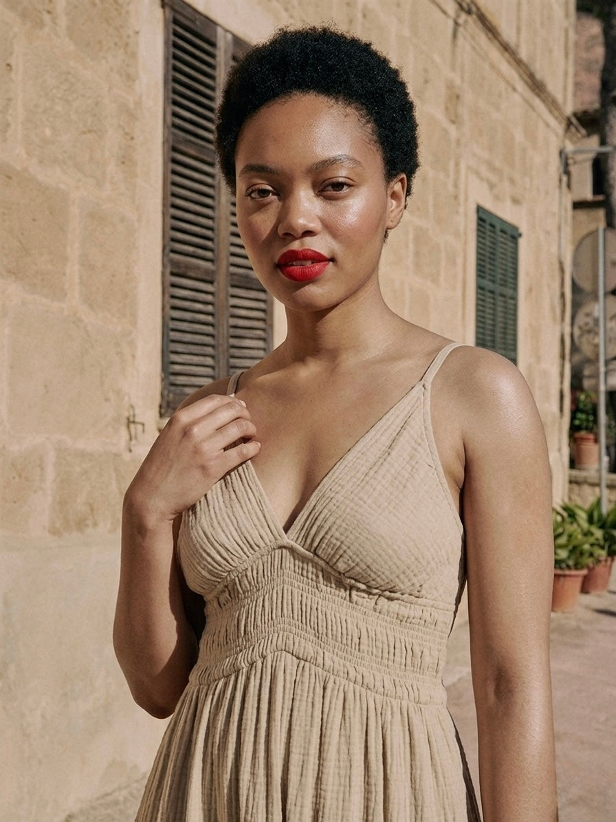 COTTON SEERSUCKER MAXI DRESS- BEIGE