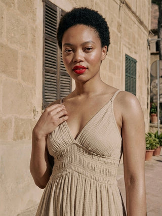 COTTON SEERSUCKER MAXI DRESS- BEIGE