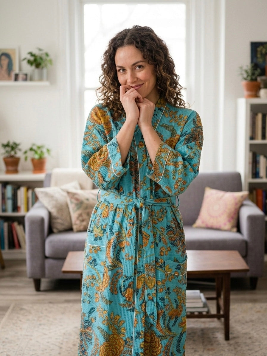 Azure Bloom Cotton Waffle Robe
