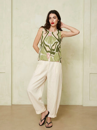 PRINTED ITALIAN LINEN TOP- MOSS GREEN FLORAL
