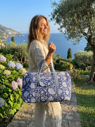 Blue Floral Cotton Quilted Duffle Bag