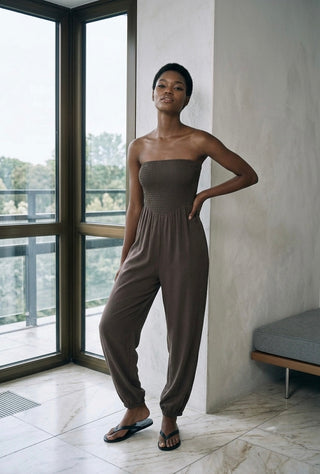 Espresso Smocked Strapless Jumpsuit
